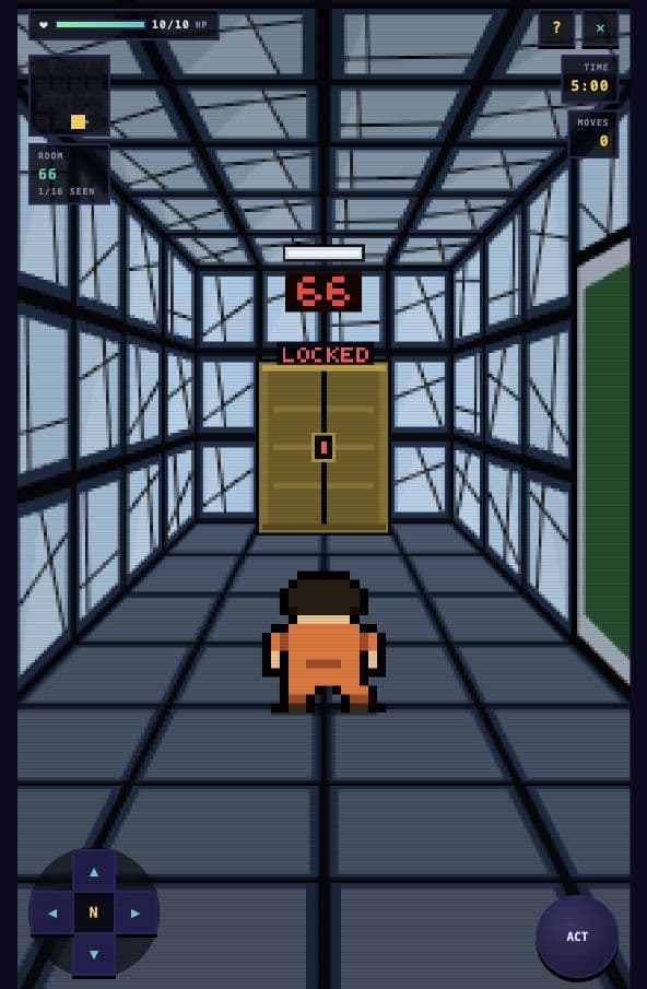 TrapGrid room gameplay with health, timer, map, movement controls, and a locked door